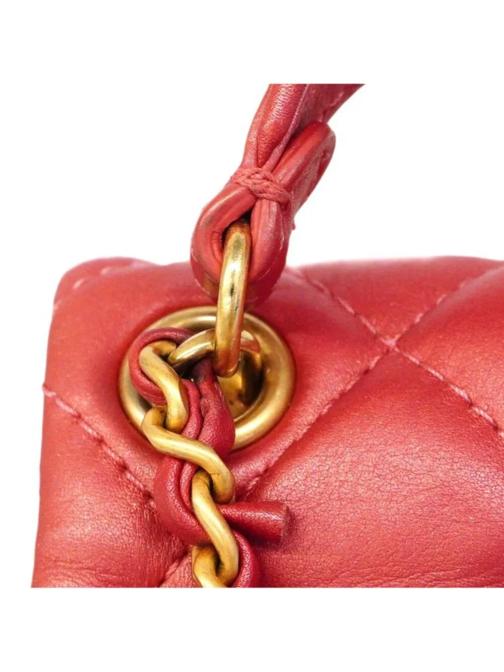 Chanel Handbag Quilted Leather Red Champagne Gold 2-Way
